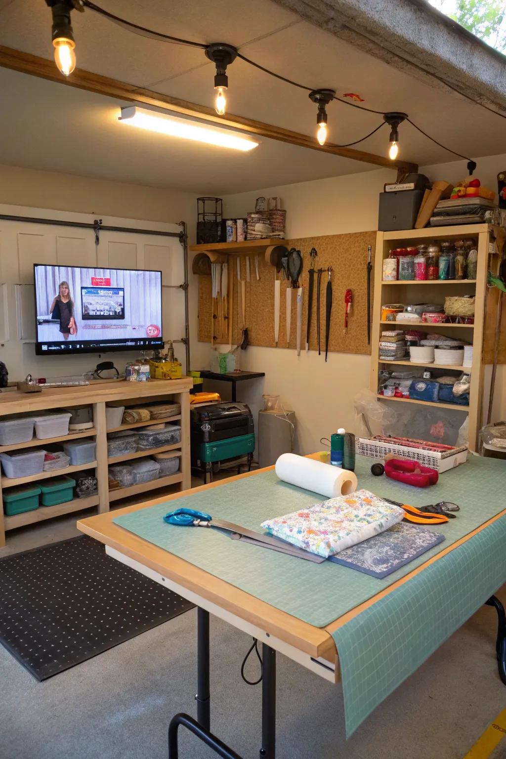 Seek inspiration in your crafting nook with a TV setup in your garage.