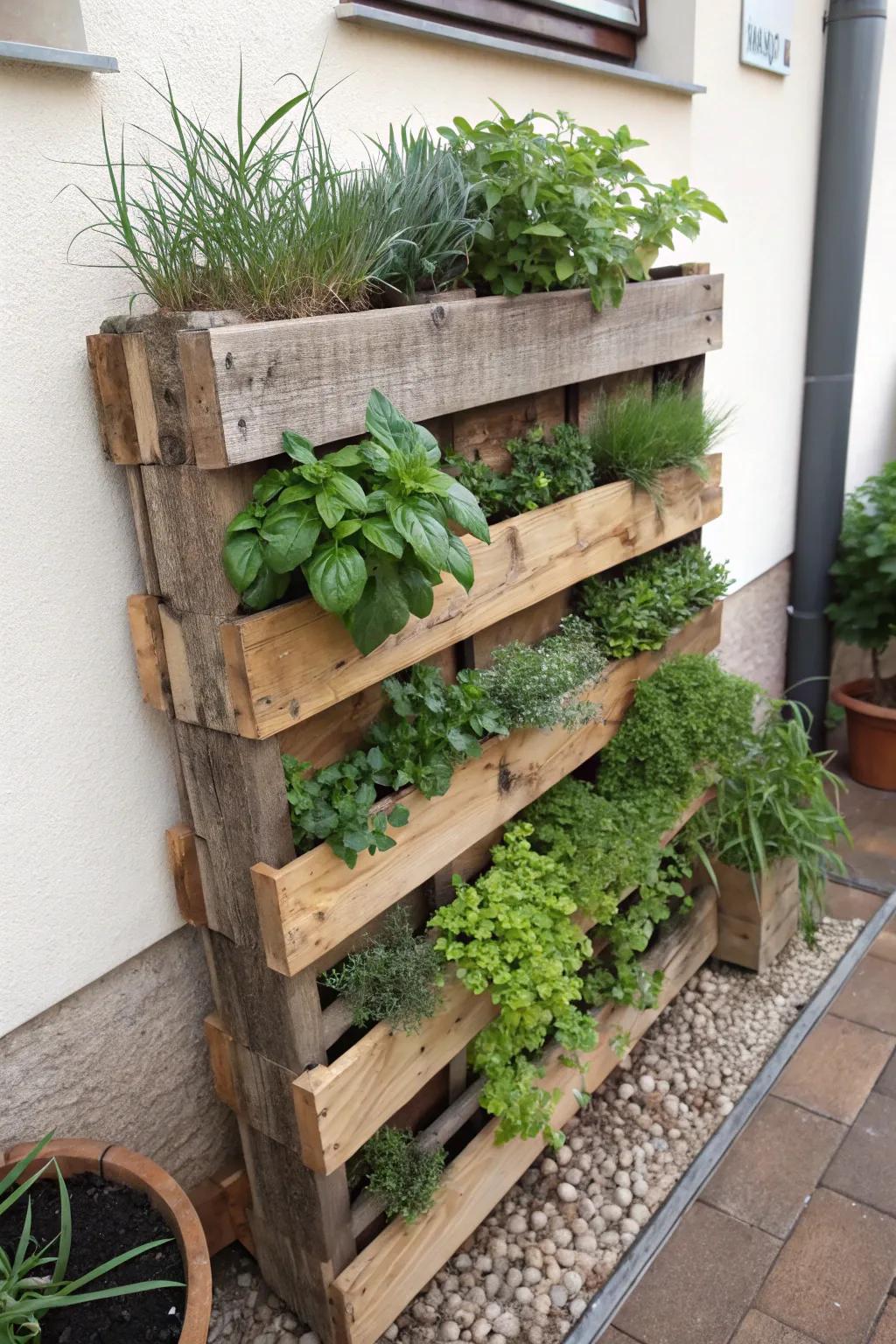 An upright herb garden using a timber platform.