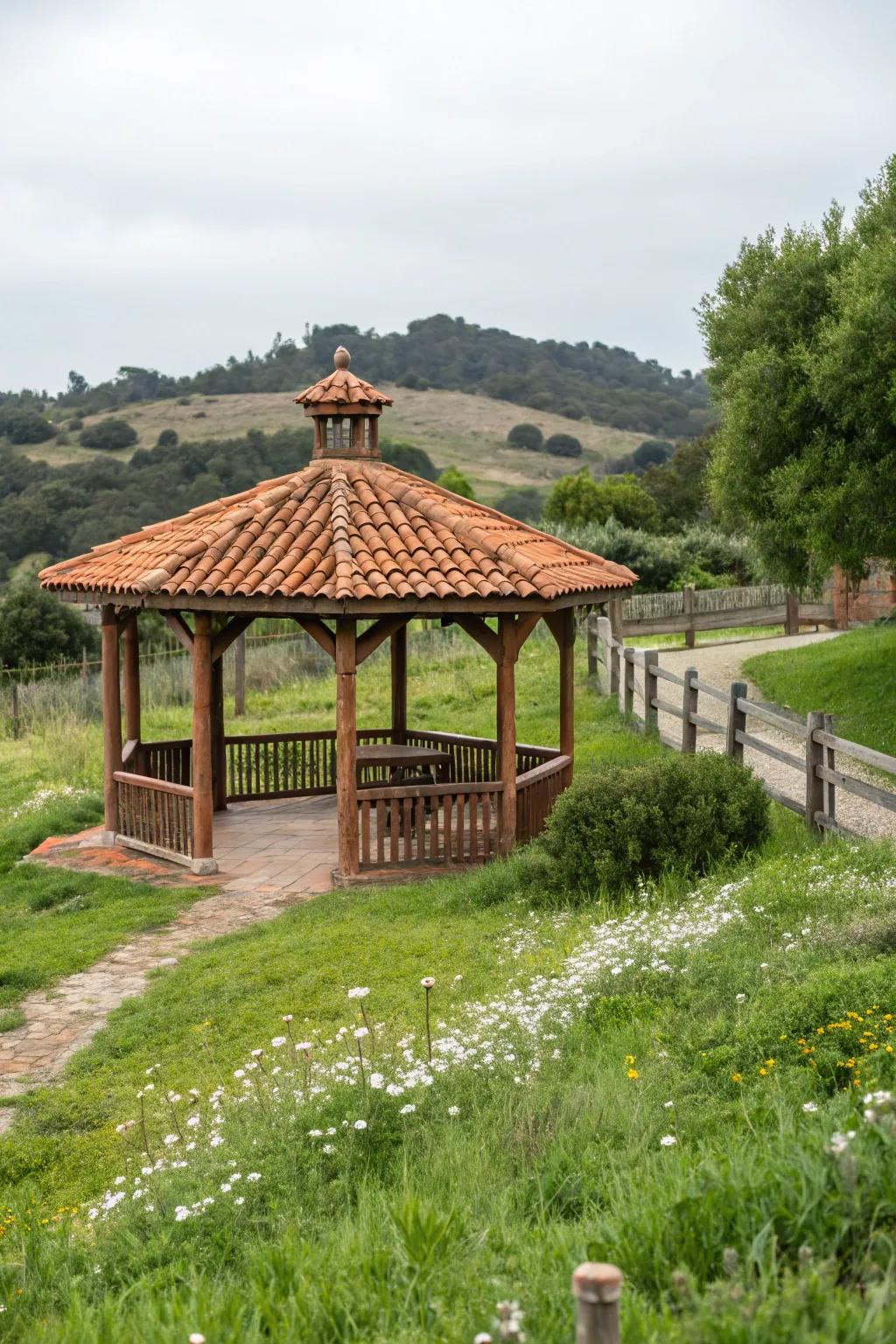 Baked earth tiles offer an earthy, warm touch that complements outdoor environments.