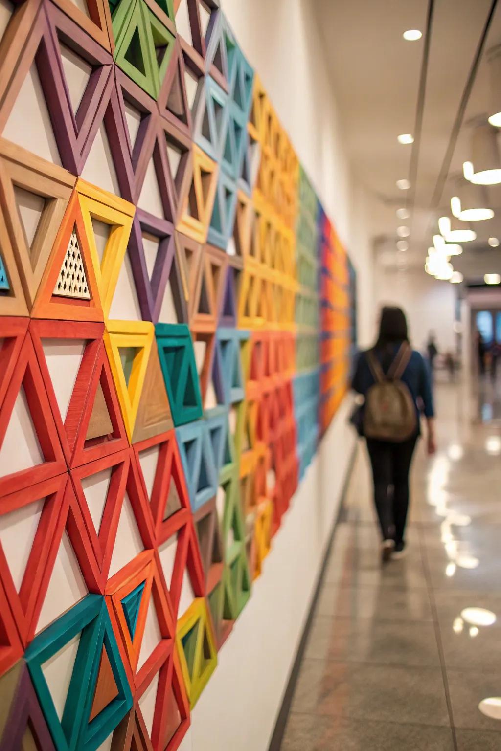 Layered geometric artwork introduces profundity and enticement to the chamber.