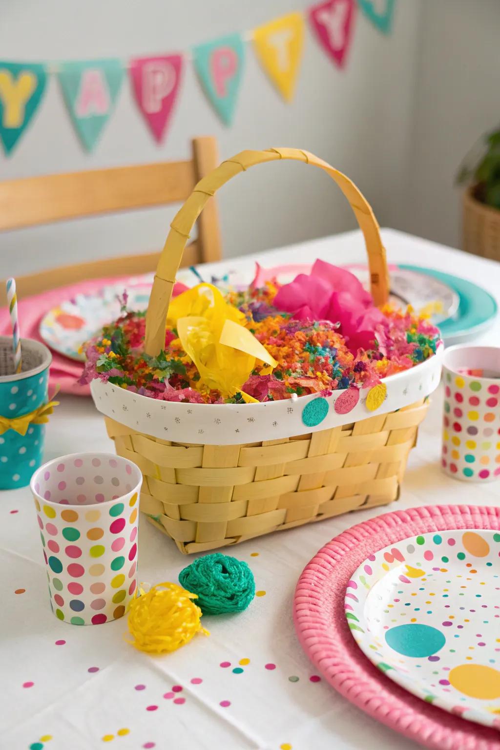 A playful and vibrantly colored treasure-filled basket bound to charm.