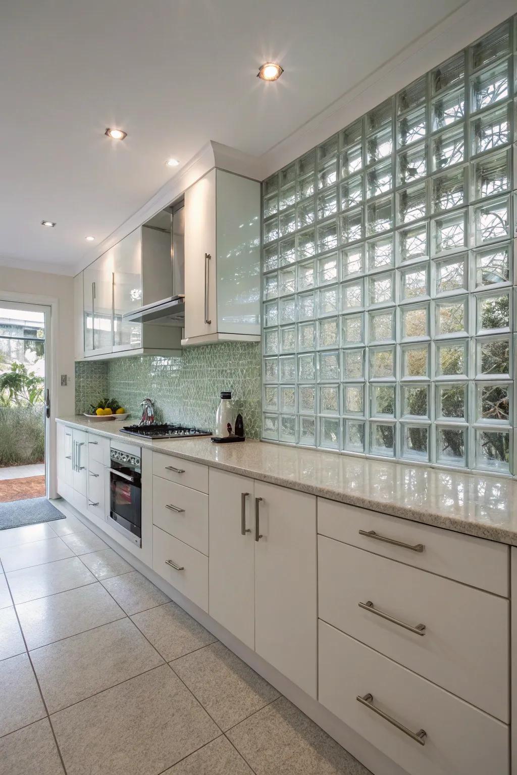 A kitchen showcasing a transparent block backsplash, providing a modern, bright, and easy-to-maintain surface.