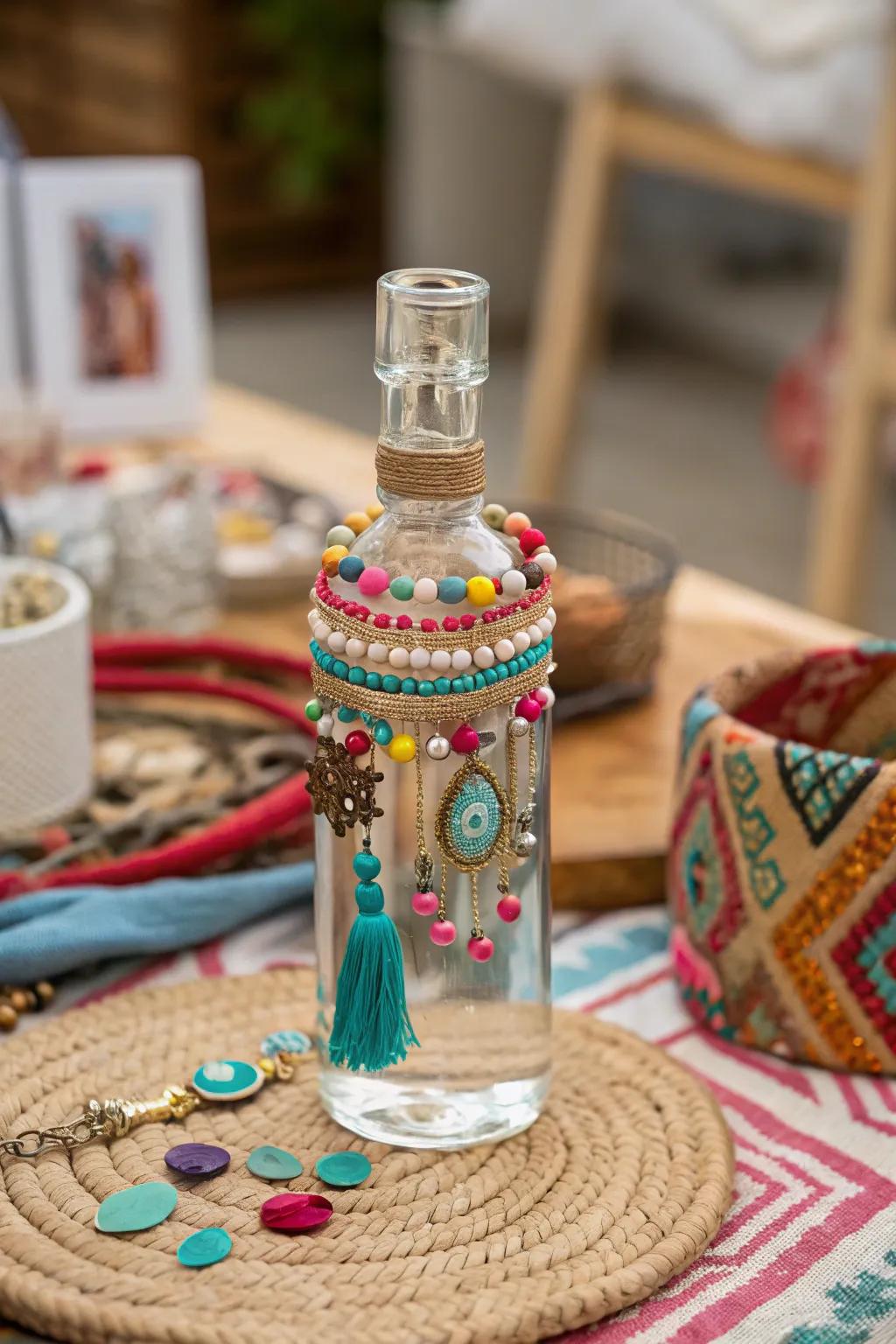 A beaded container exuding bohemian flair.