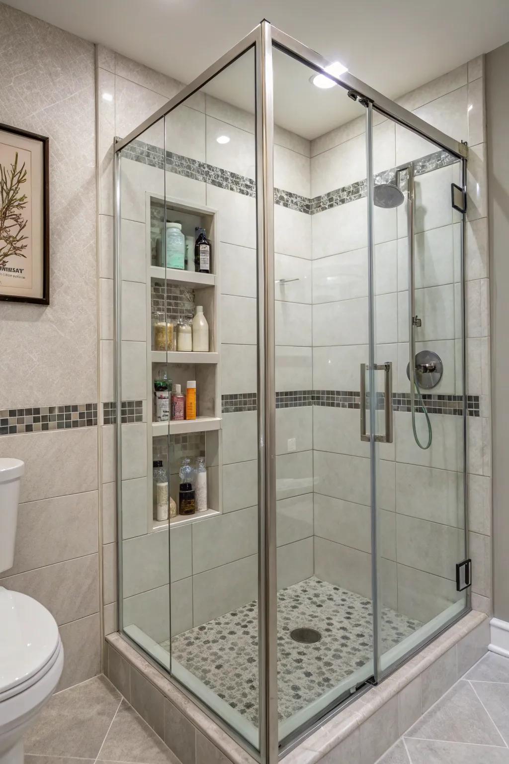 Built-in niches offer smart storage solutions for a tidy shower.