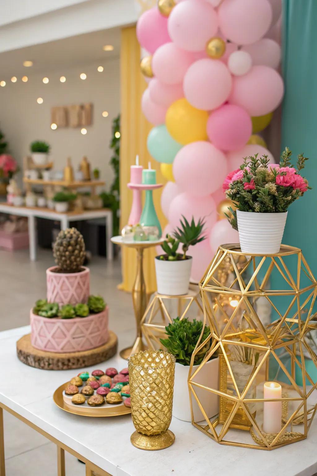 Modern geometric gold decor giving a contemporary flair.