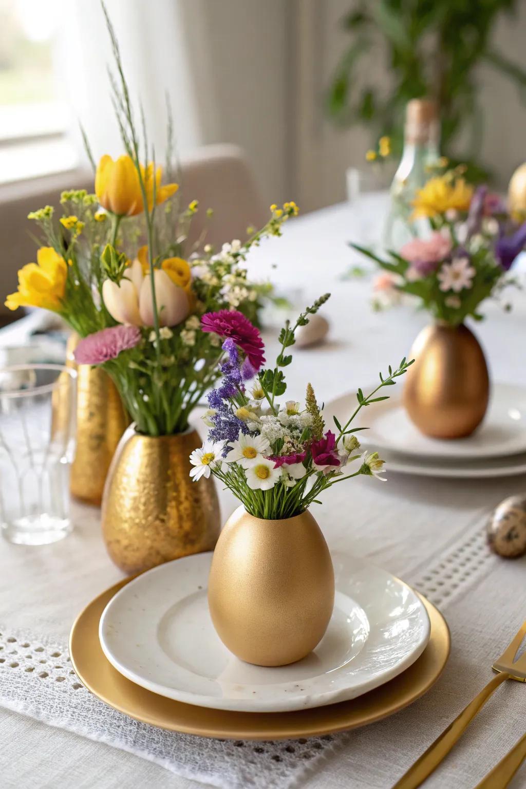 Gilded egg plant holders offer a vibrant floral touch to your ornamental layout.