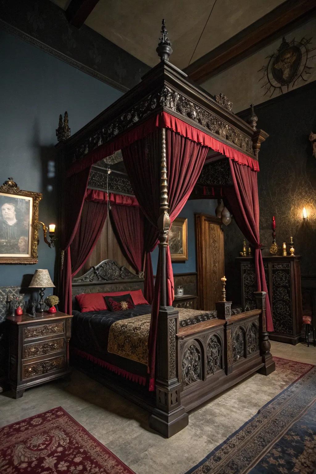 A tent that transmutes a chamber into a gothic retreat.