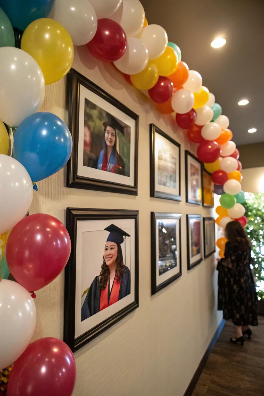 A heartfelt balloon wall showcases memories and successes.