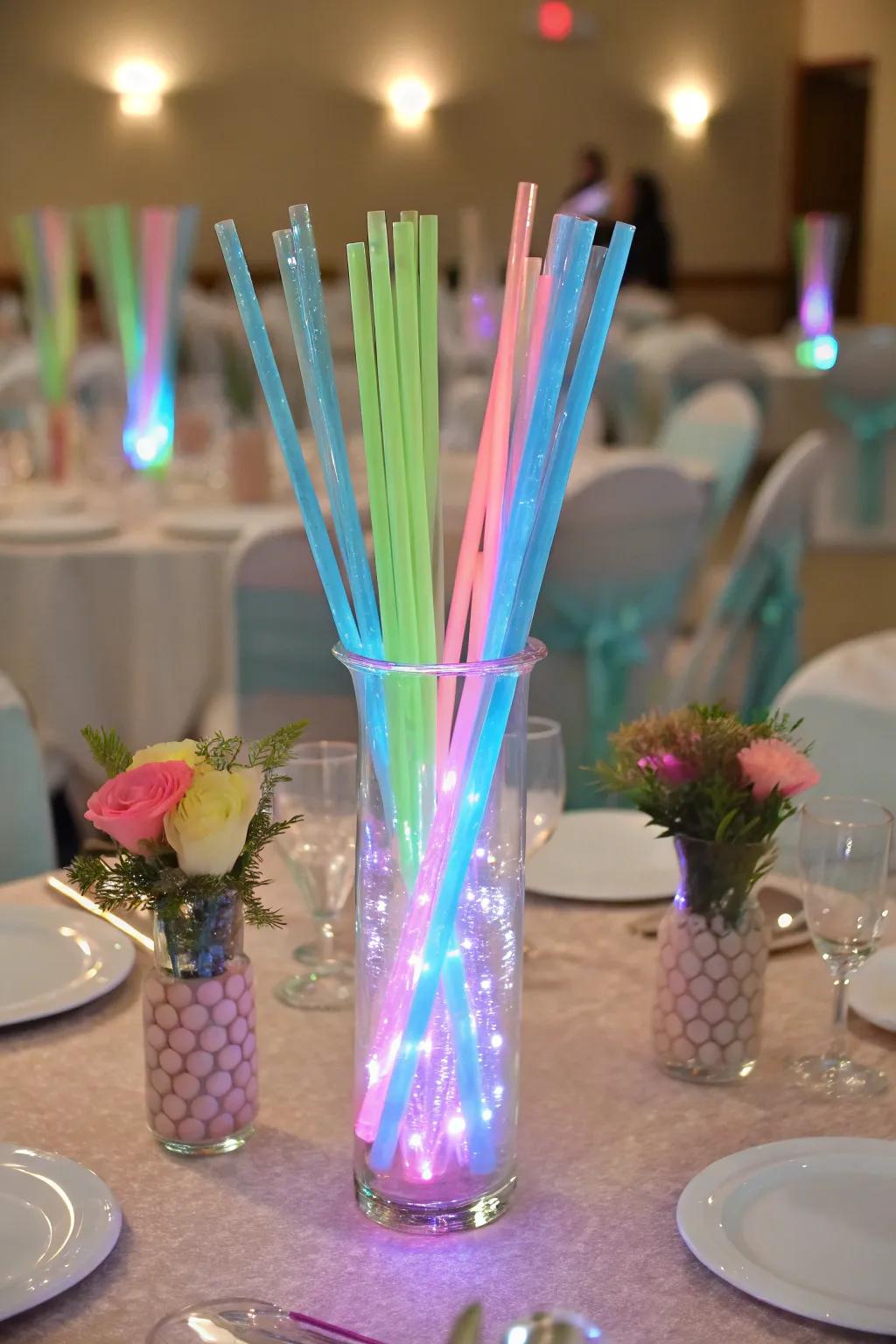 Radiant rod vessels for a colorful centerpiece.