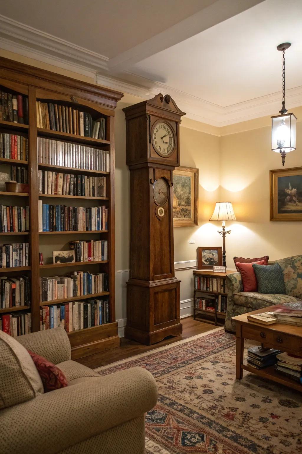 A time-honored timepiece completes the vintage library vibe in a living room.