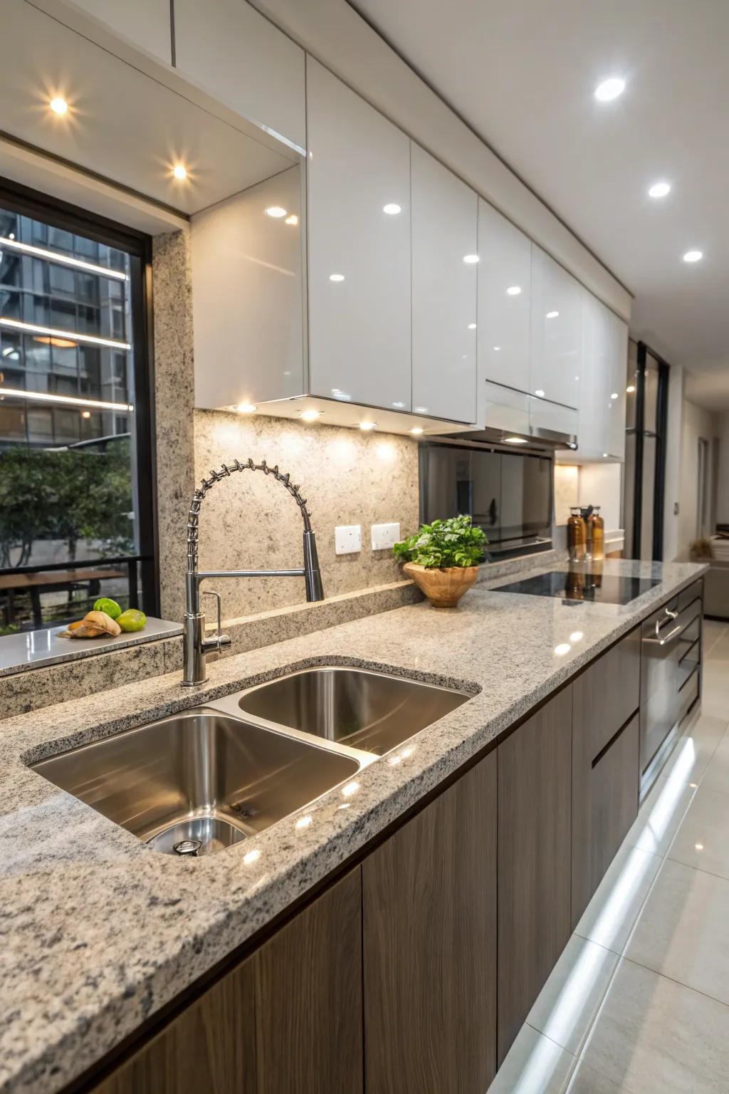 Integrated sinks with granite countertops offer a seamless look.