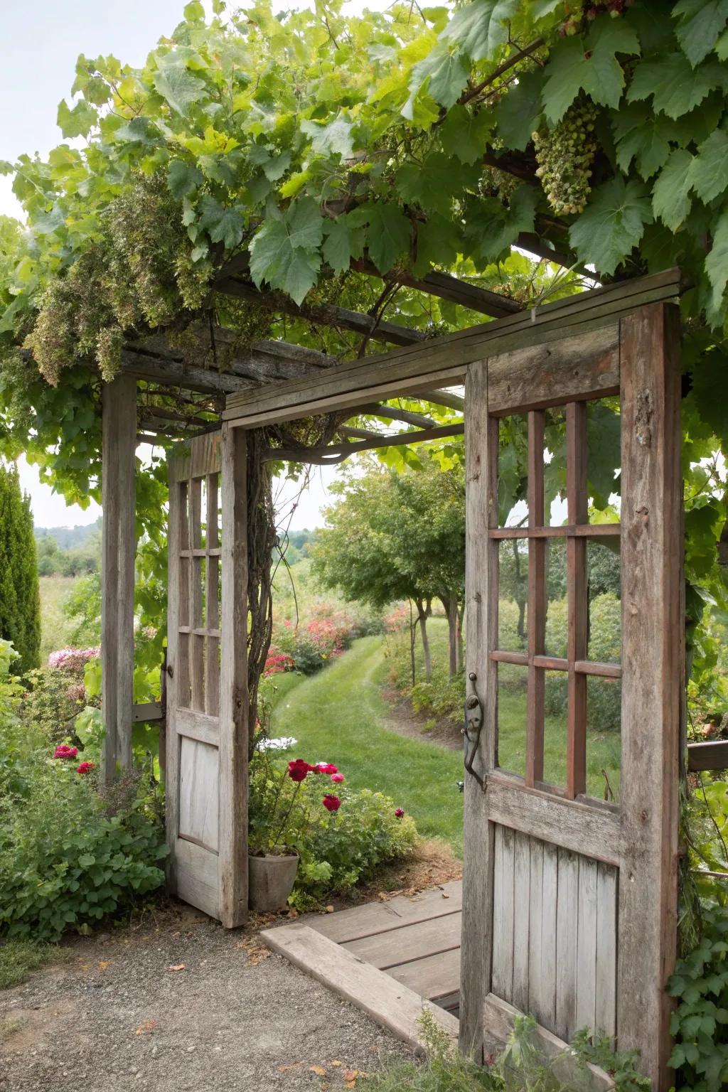 A creative grape shelter made from recycled goods.