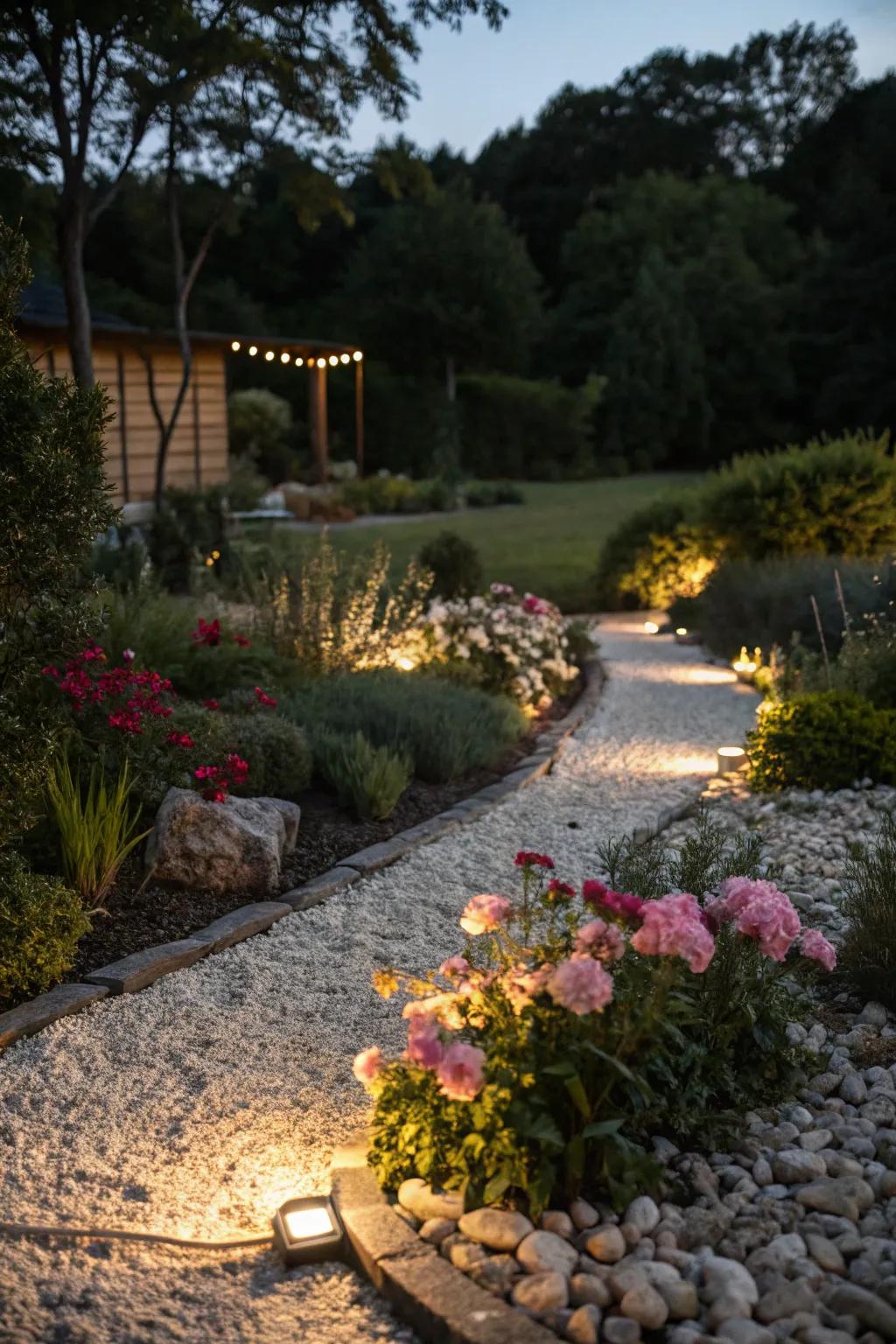 A pebble flower bed beautifully lit for nighttime ambiance