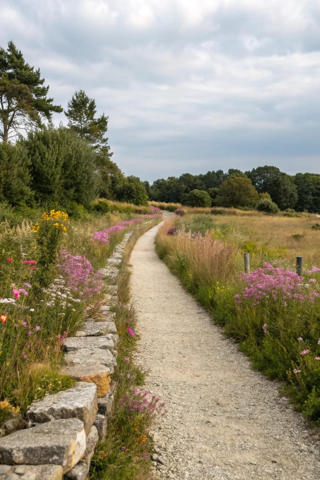 Elements in the countryside style provide charm to a gravel pathway.
