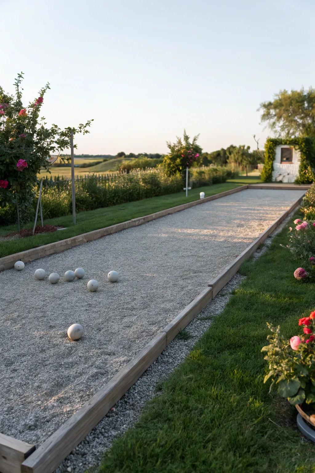 A gravel patio showcasing a bowls court for playful gatherings.
