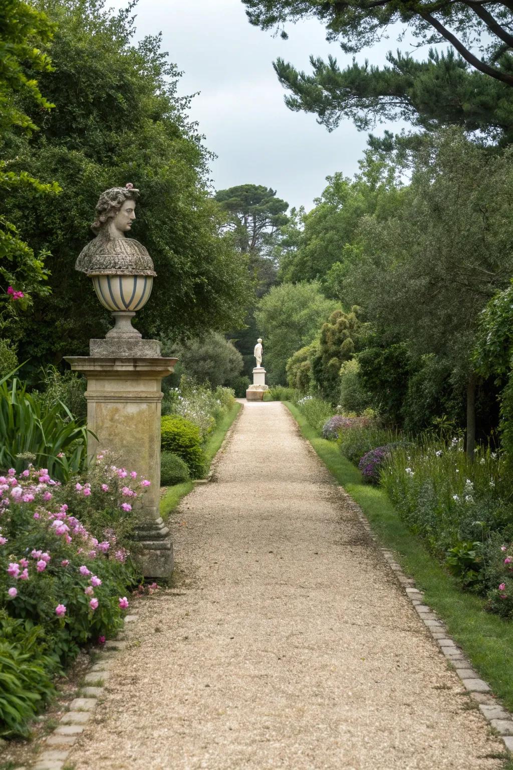 A gravel walkway with a striking focal sculpture