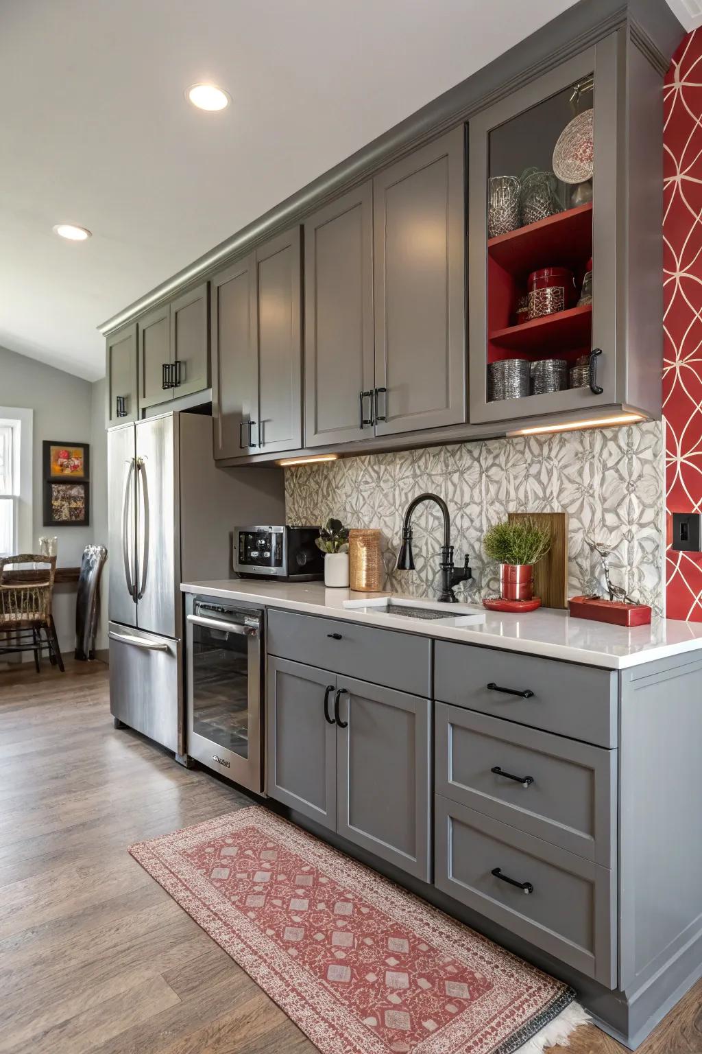 A showcase wall adds depth and intrigue to the kitchen.
