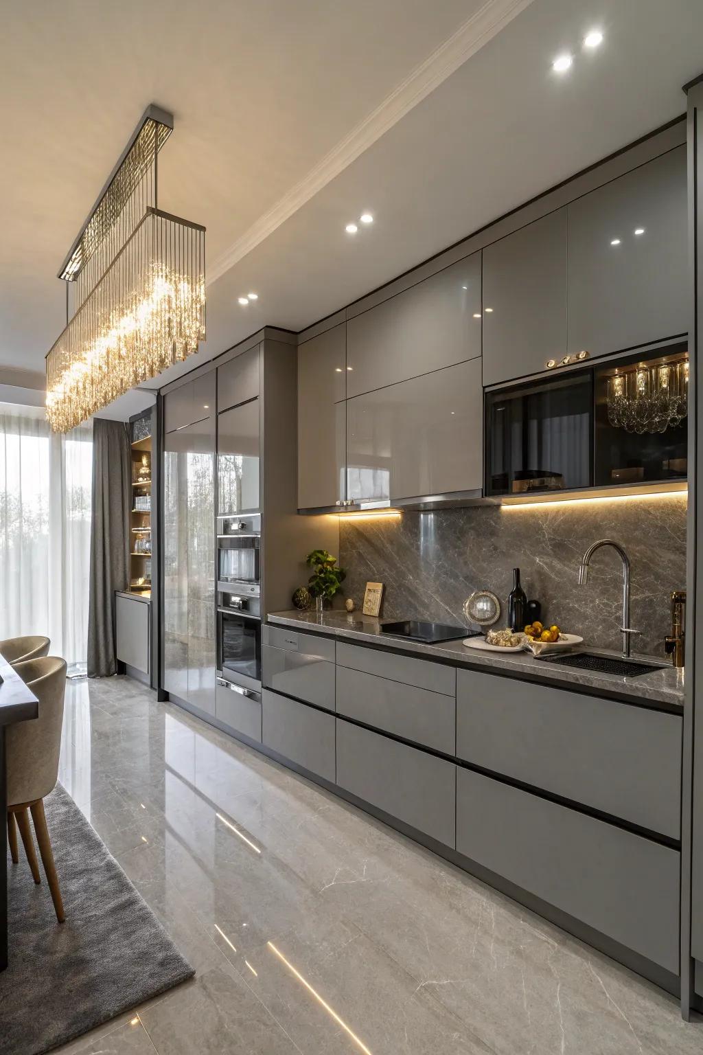 Shiny gray cabinets bring a glamorous touch to this modern kitchen.