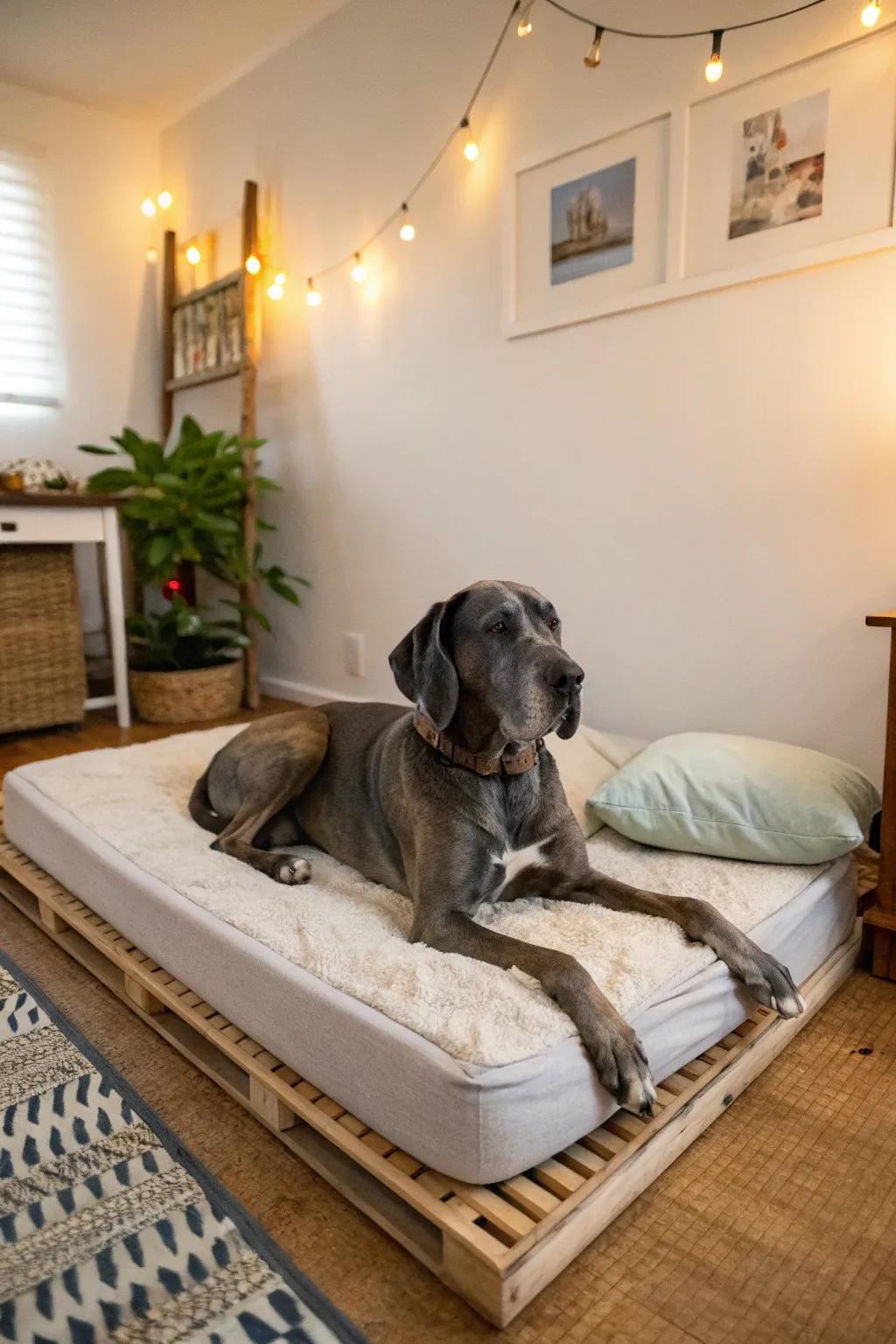 Crib mattresses result in spacious and economical Great Dane beds.