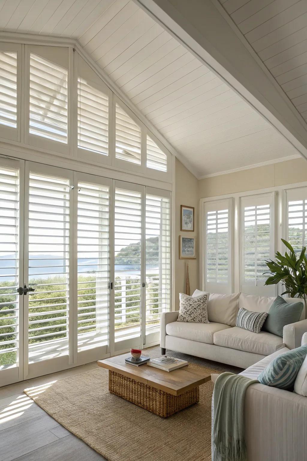 Louvered windows enrich ventilation and lend a unique style to this living room.