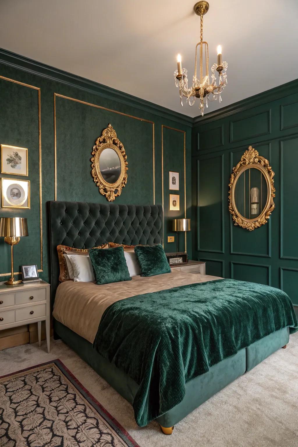 The bedroom becomes all the more glam with a dark emerald wall.