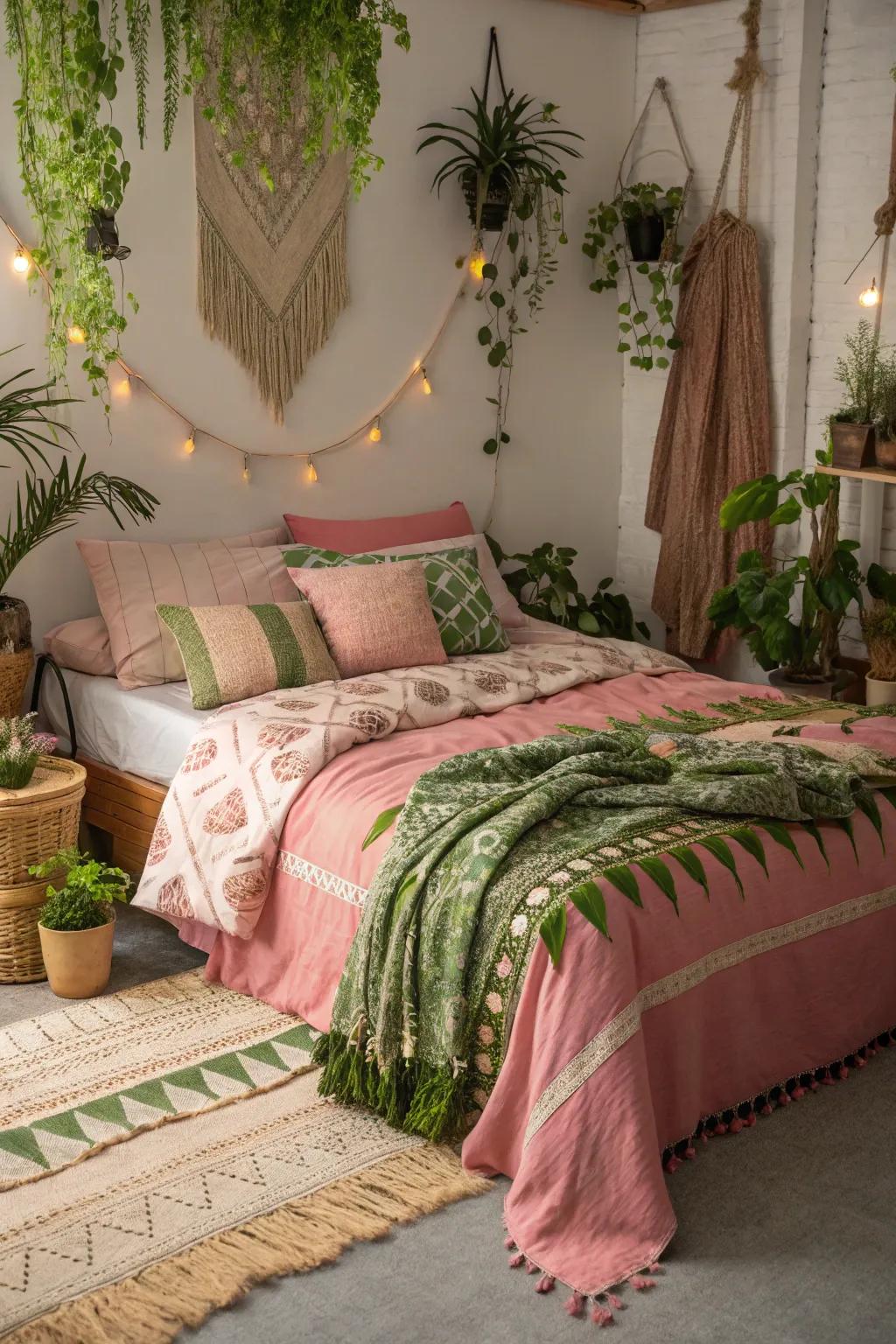 Bohemian layers of rosy and verdant hues create a lively and expressive space.