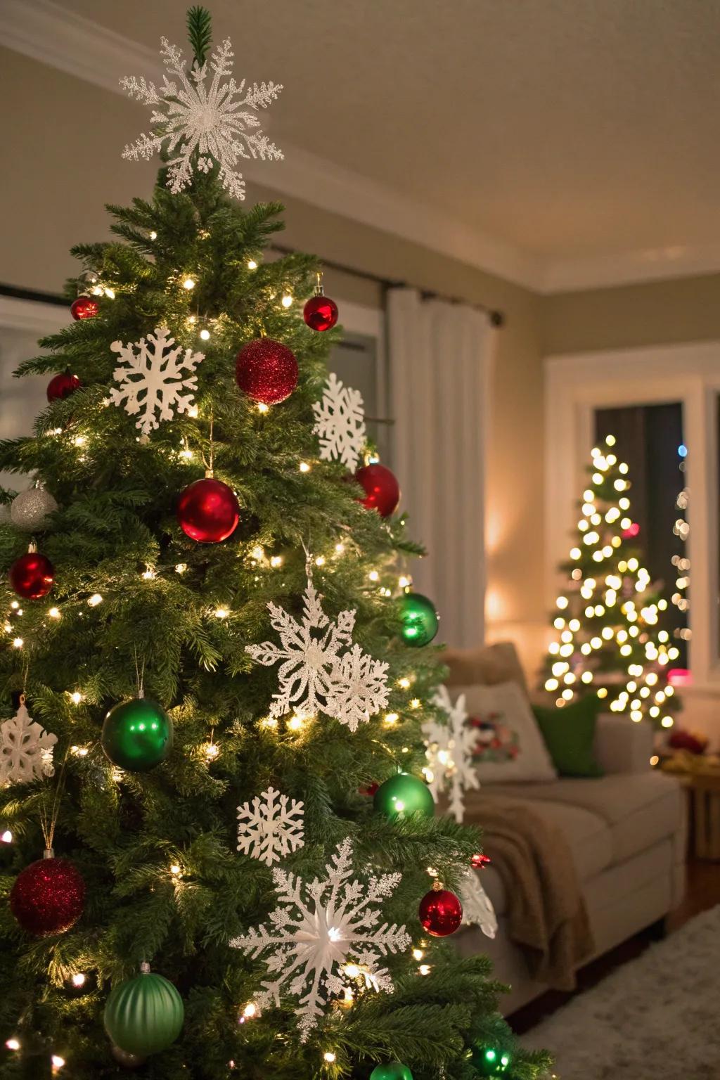 A Christmas tree featuring icy details and red and green embellishments.