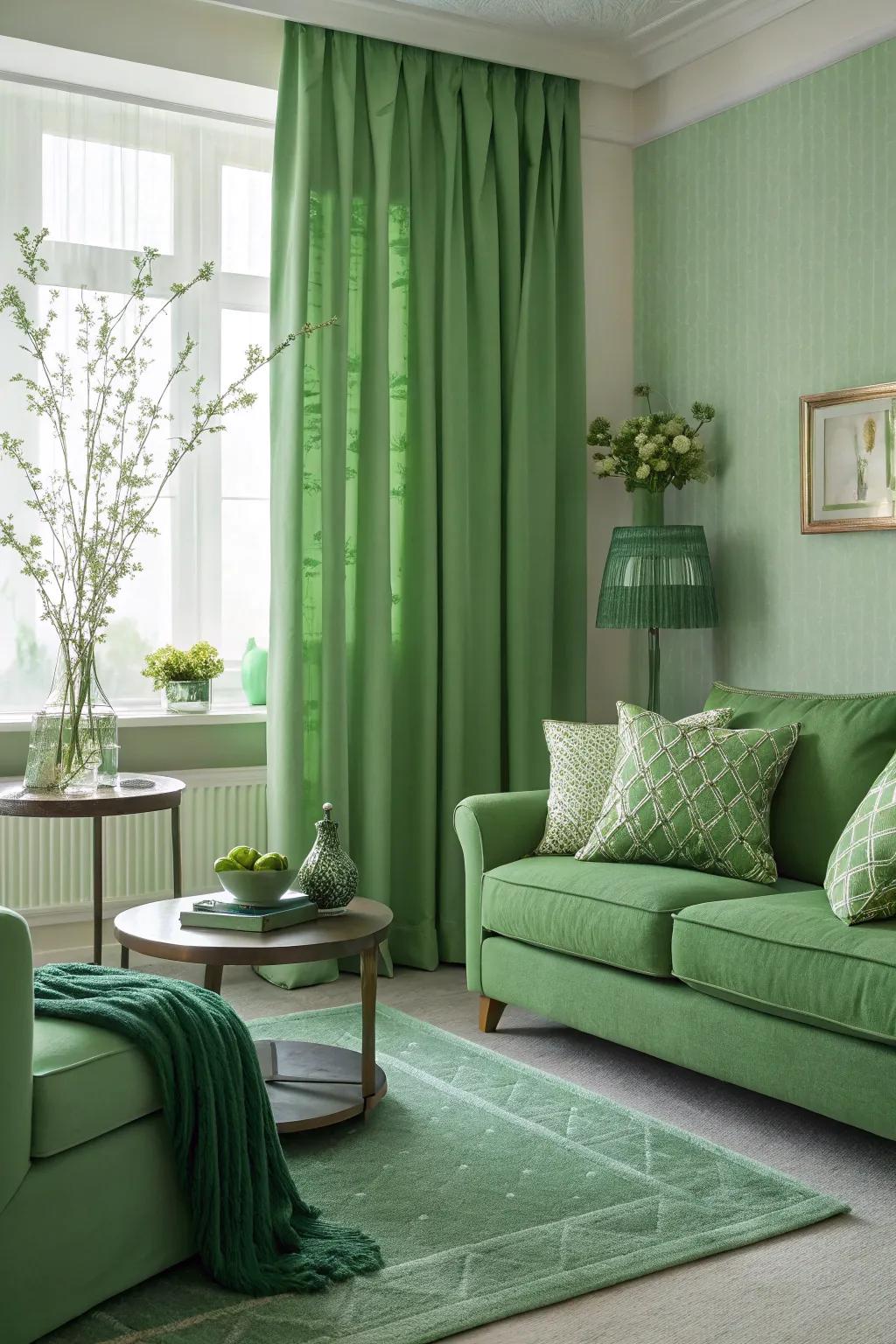 A monochromatic green scheme envelops your space in serenity.