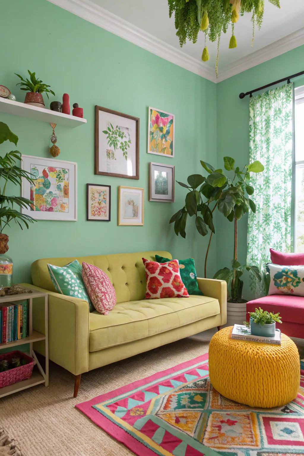 Eclectic assemblages of verdant and vibrant hues invigorate the ambiance.