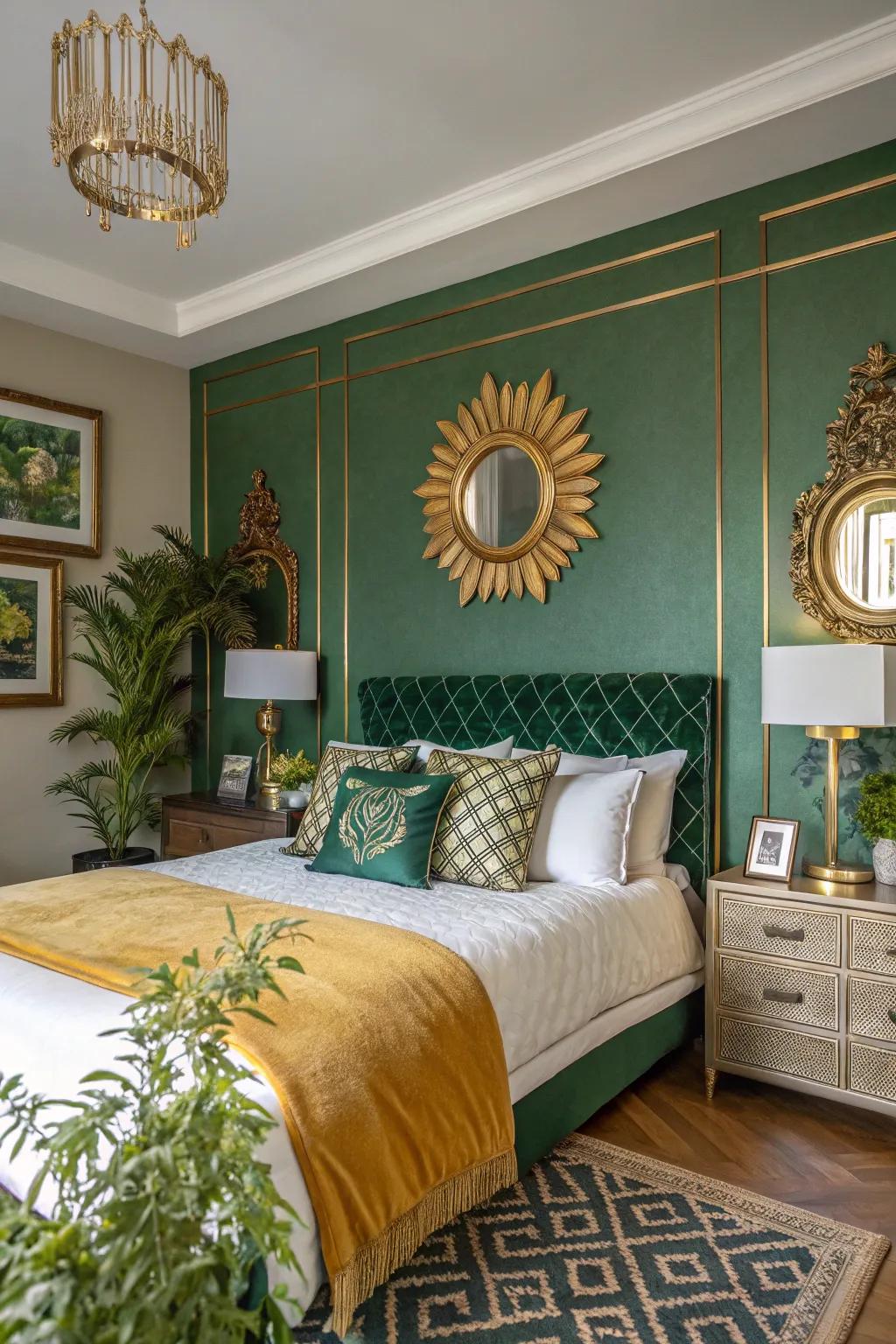 An opulent bedroom featuring an exquisite verdant and aureate color arrangement.
