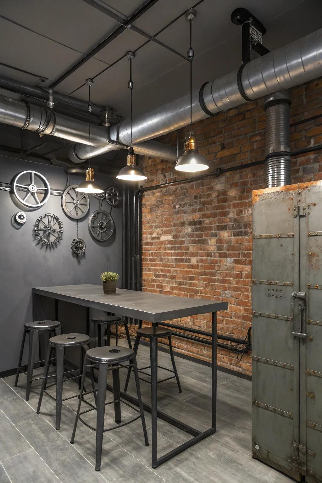 An industrial room with a grey accent wall.