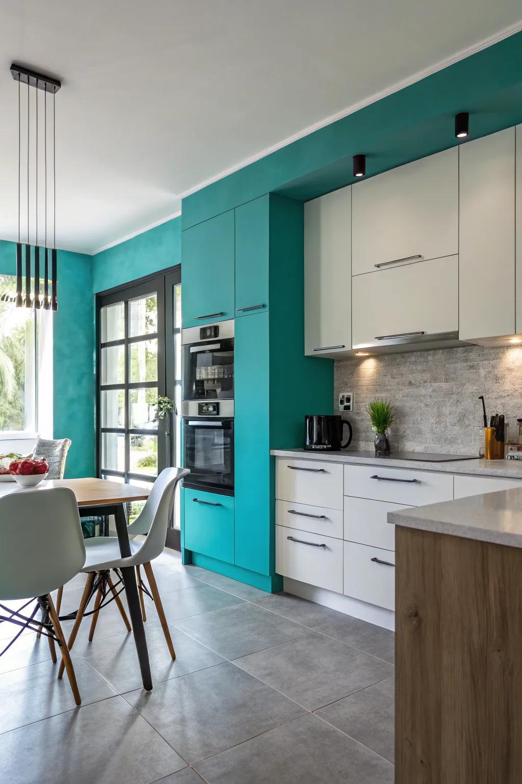 A feature wall in aqua makes a bold and modern statement.
