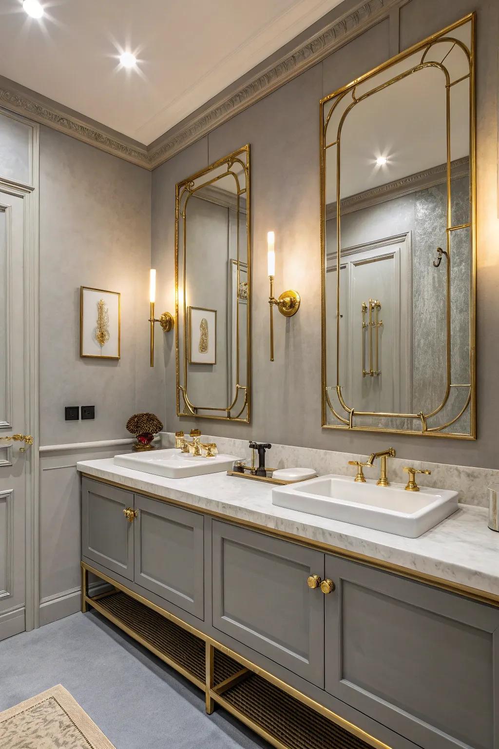 Grey walls and gilt accents establish an artistic and opulent bathroom design.