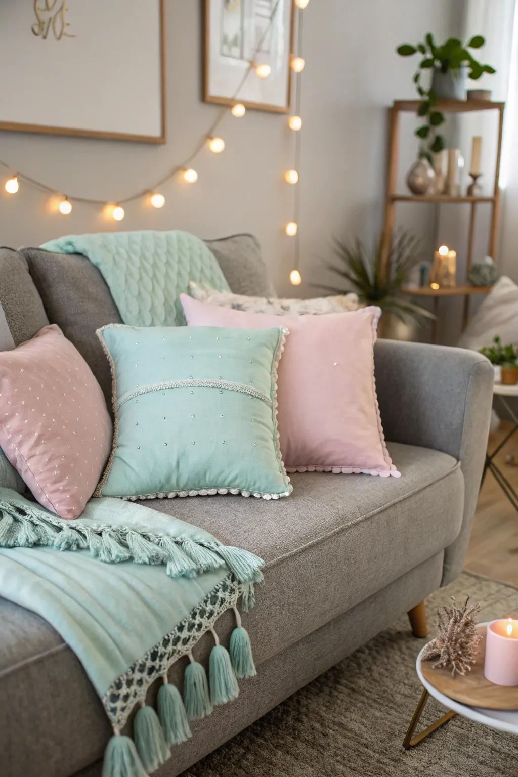 Soft pastels create a calming atmosphere with a charcoal sofa.