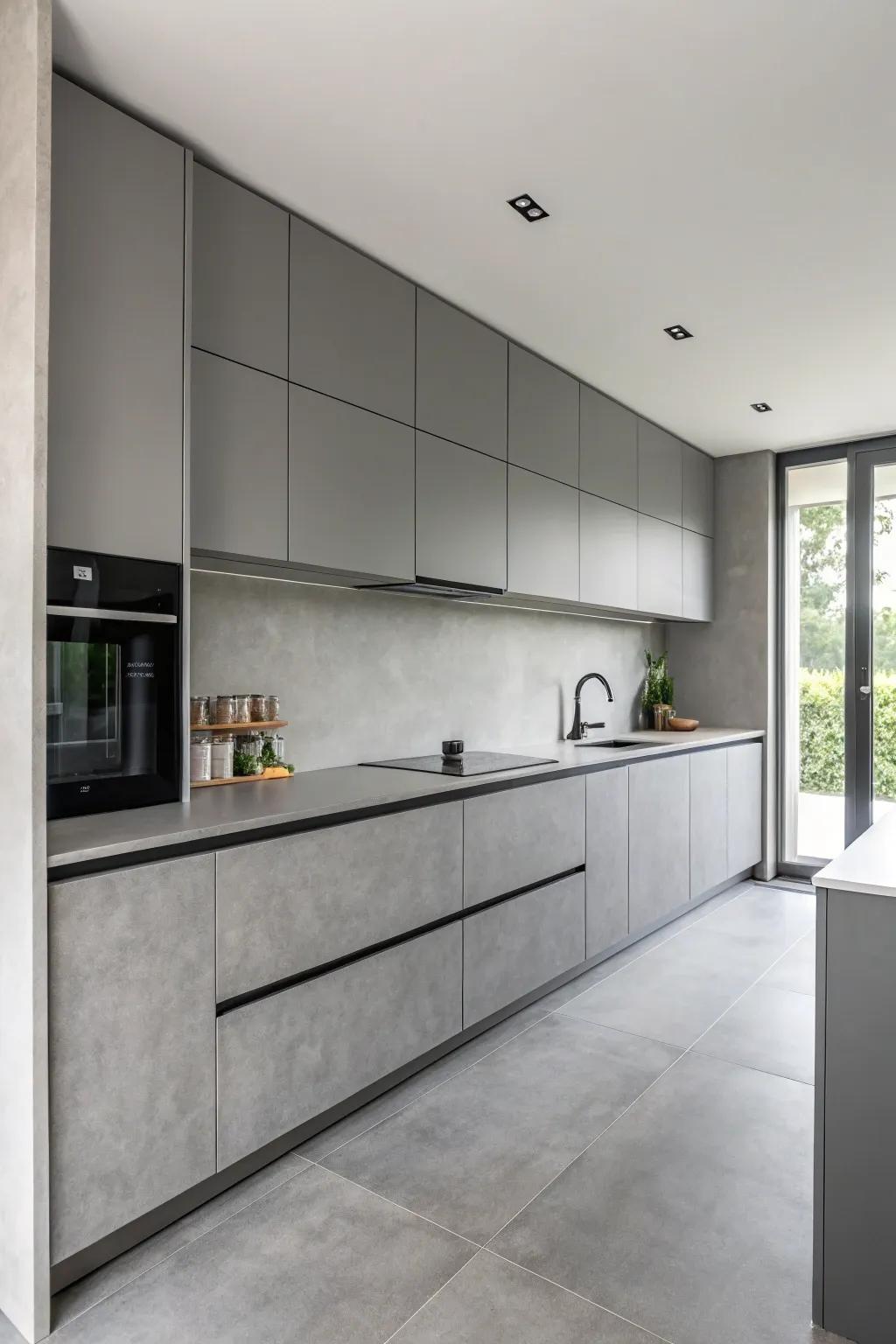 A minimalist kitchen with a soothing single-color scheme.