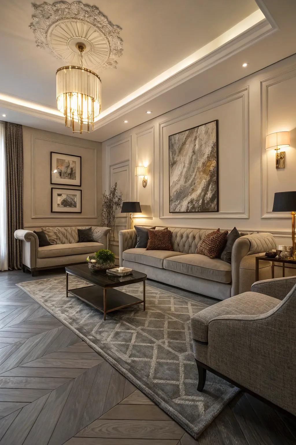 Greyish herringbone flooring brings elegance to this chic lounge area.