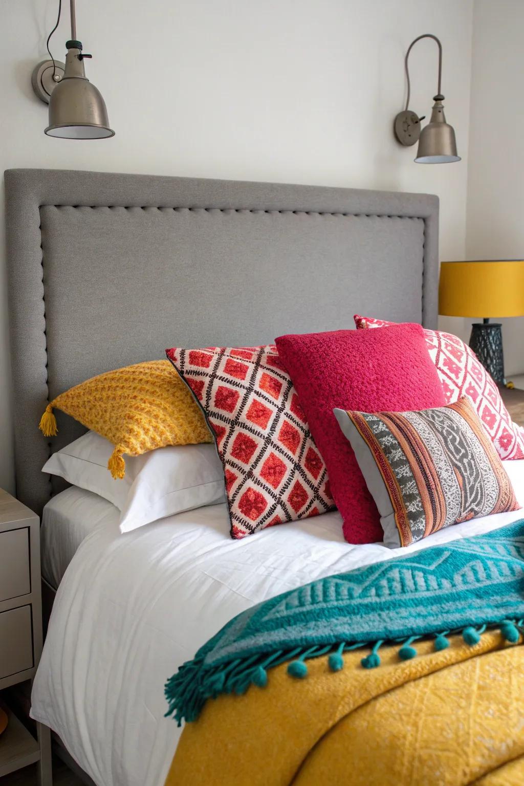 Bold colors bring energy to a bedroom with a stone-toned headboard.