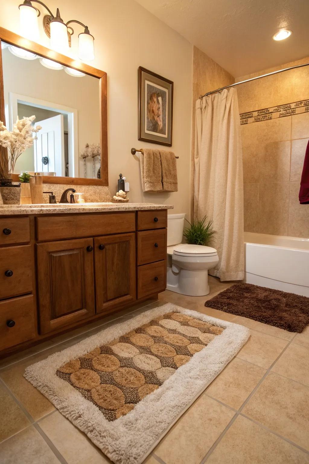 A guest bathroom enhanced by a cozy rug, providing comfort and style.