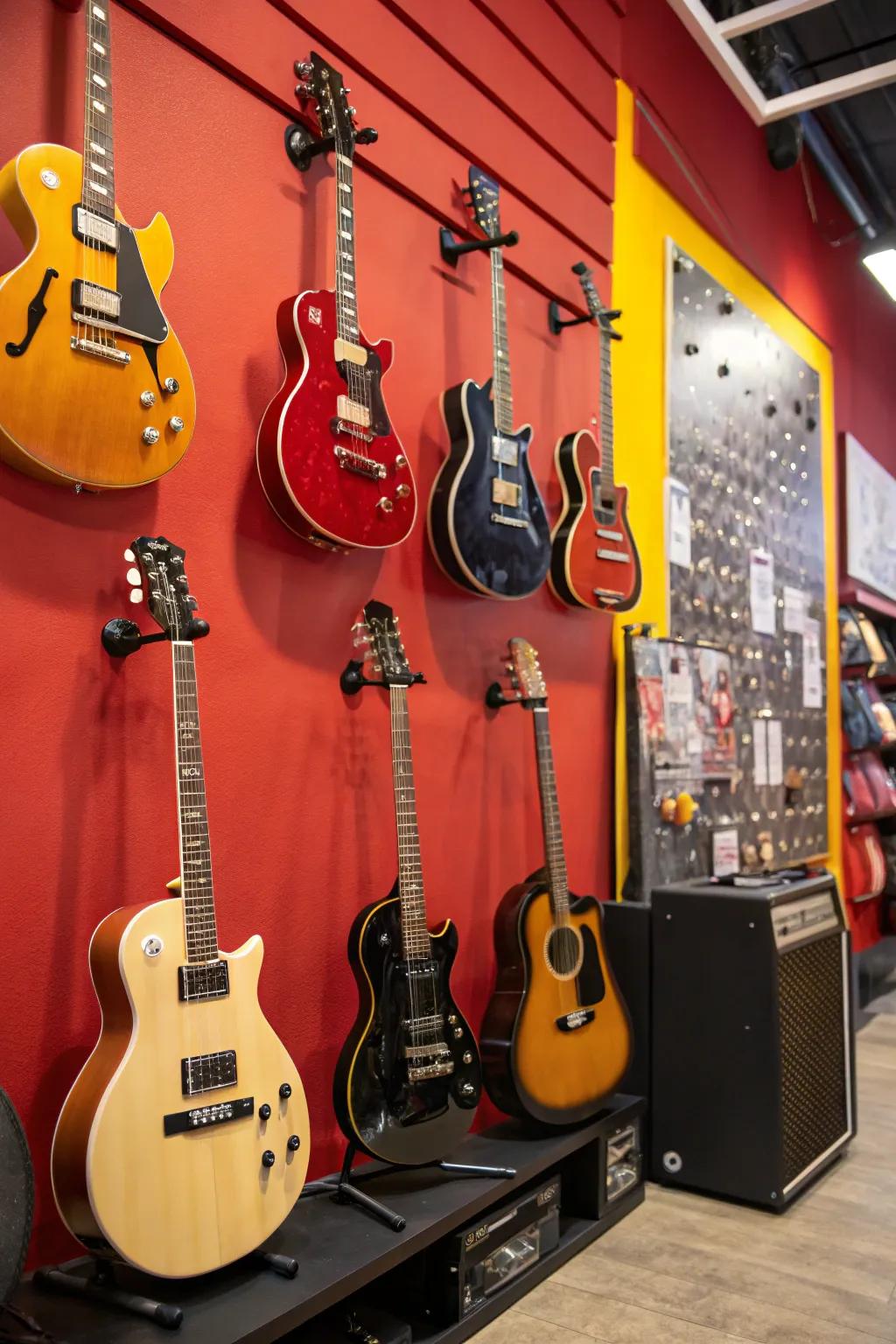 Instruments presented upon a boldly shaded wall, for optimal impact.