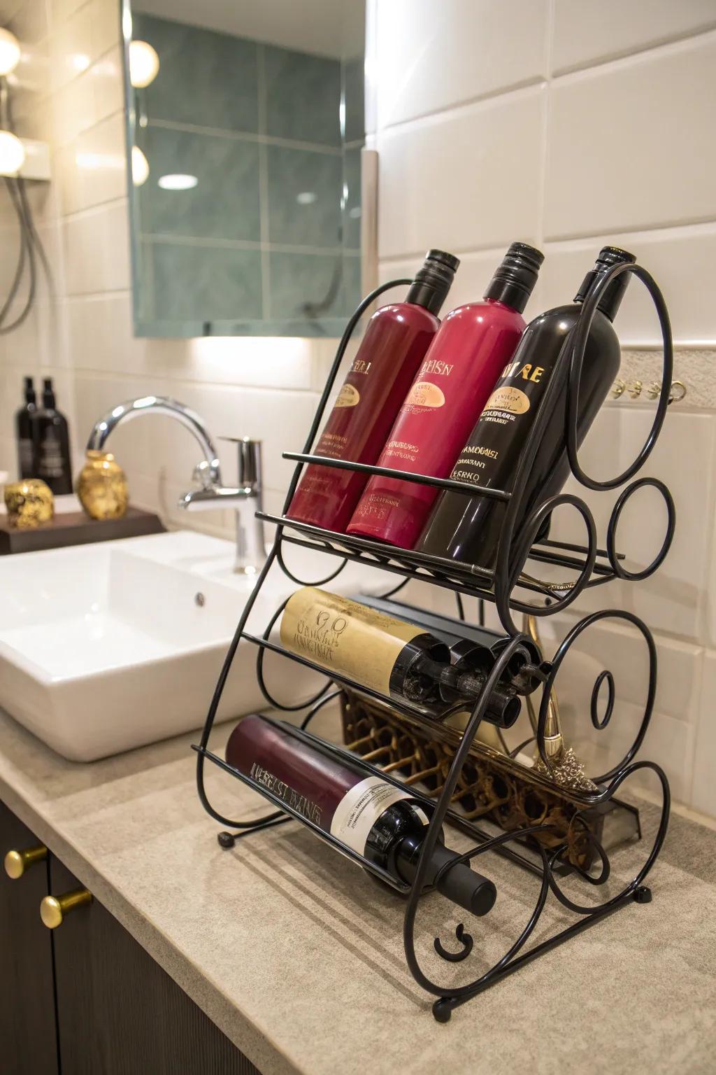 Inventive use of a beverage rack for storing hair products.