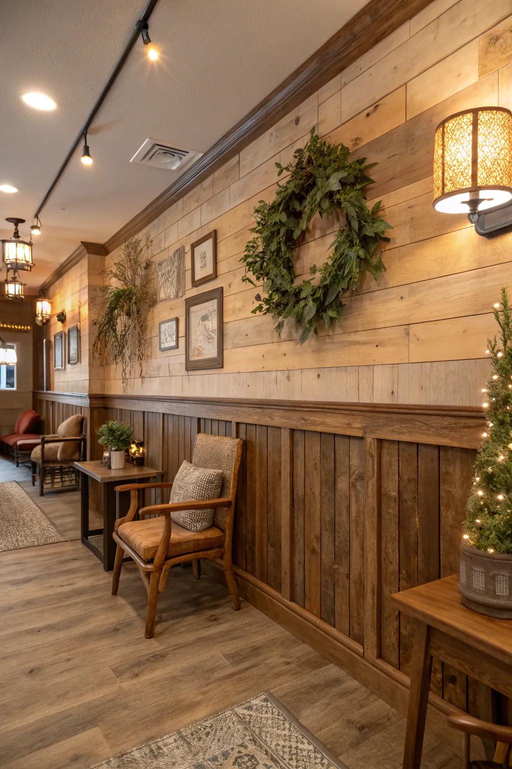 Salvaged timber paneling introduces character and sustainability.