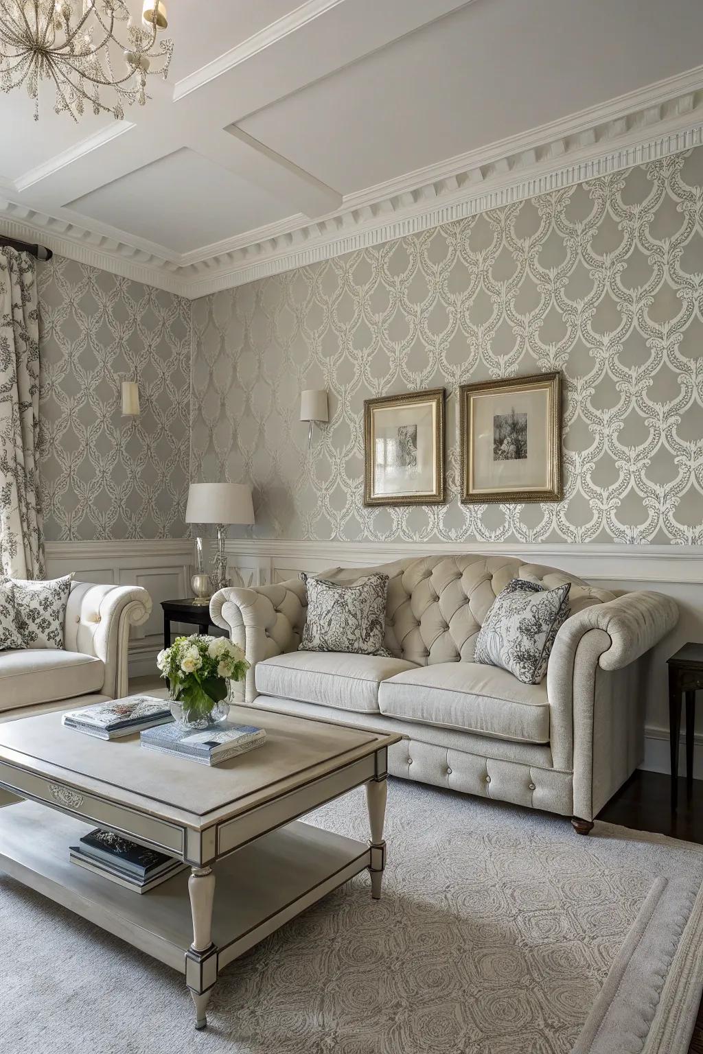 A quintessential lounge featuring monochrome wallcoverings and coordinating coating, exuding understated elegance.