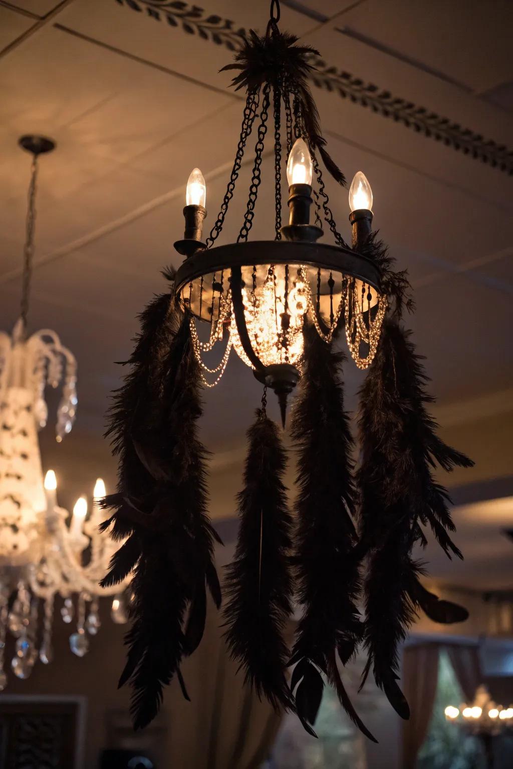 Plumes introduce a mystical element to a Halloween chandelier.