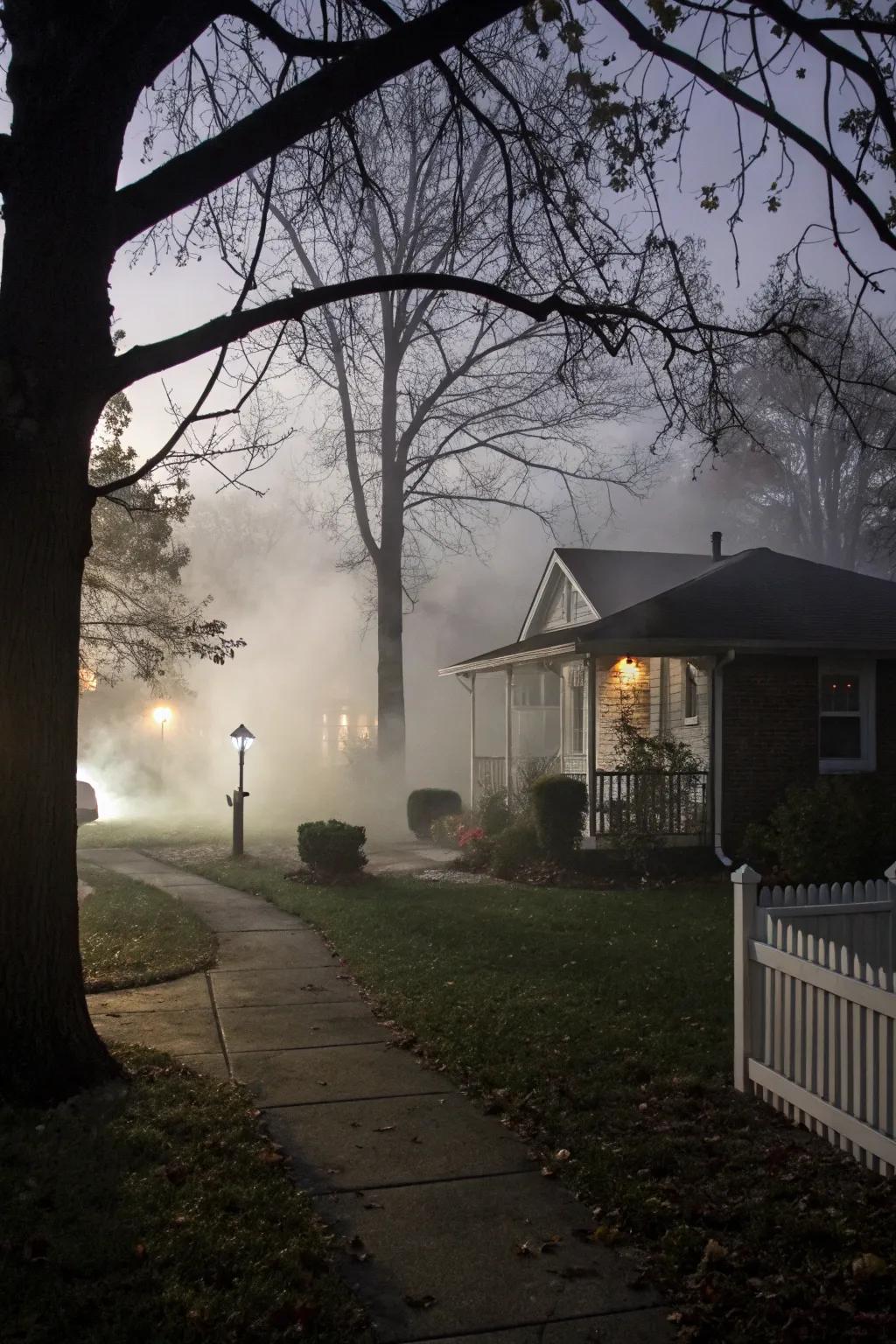 Eerie fog drifting through a Halloween-themed lawn.