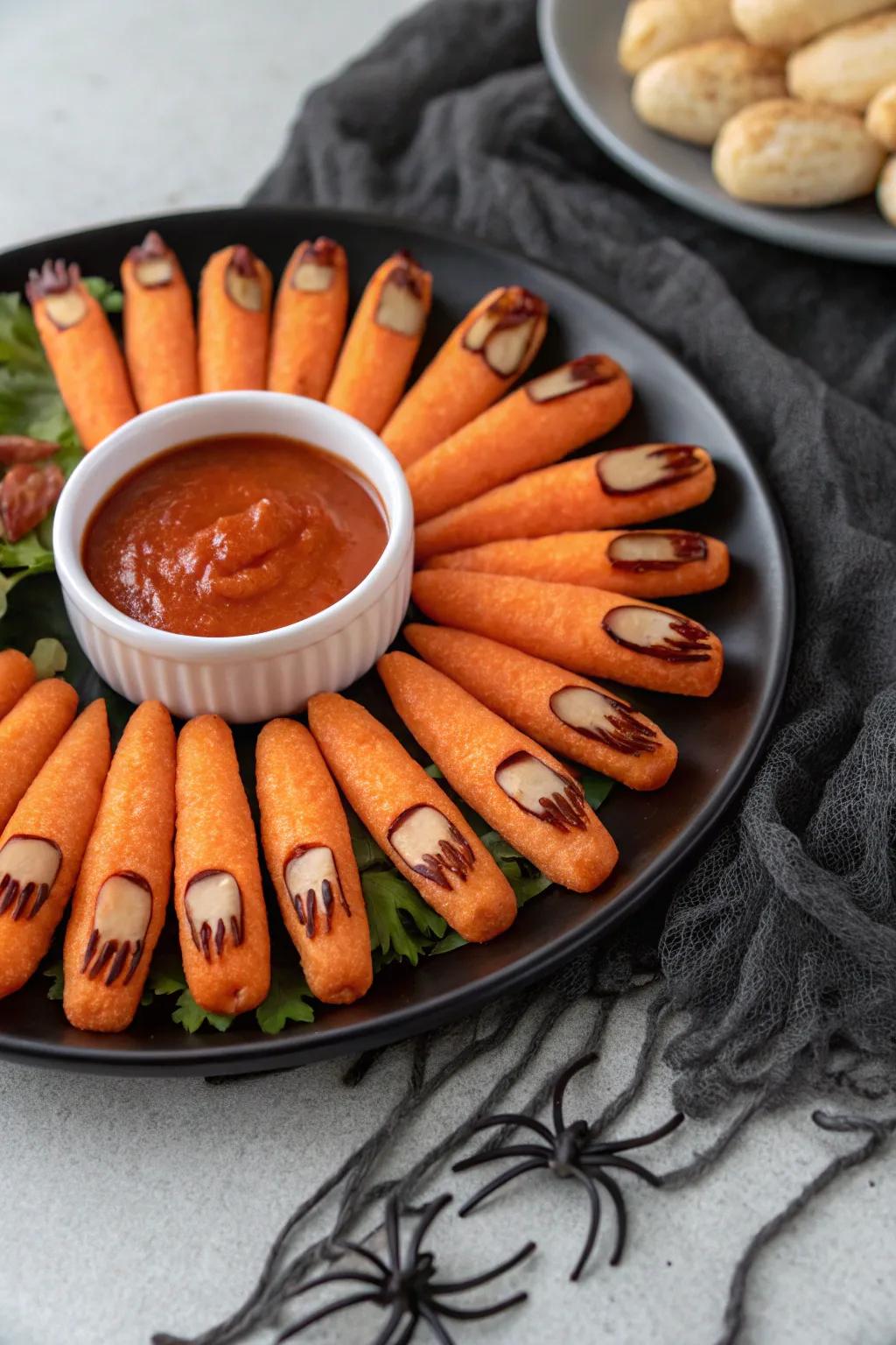 Creepy carrot digits that are a wholesome Halloween snack.