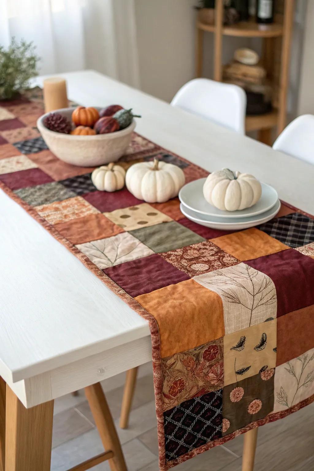 Improve your Halloween ornamentation using a comfortable, hand-crafted patchwork table runner—where minimalist style meets enjoyable appeal.