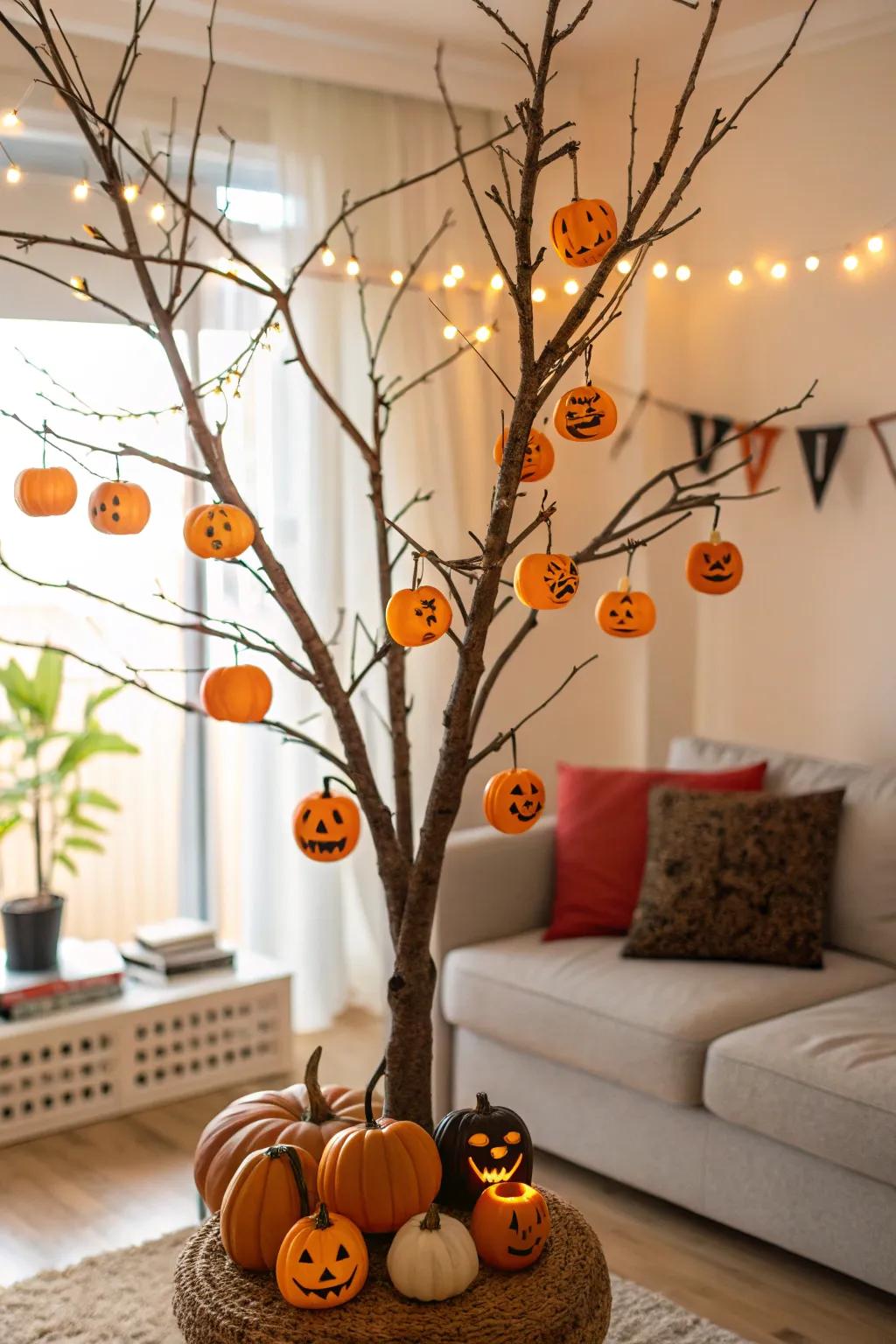 A cheerful Halloween tree brimming with lantern-shaped pumpkins.