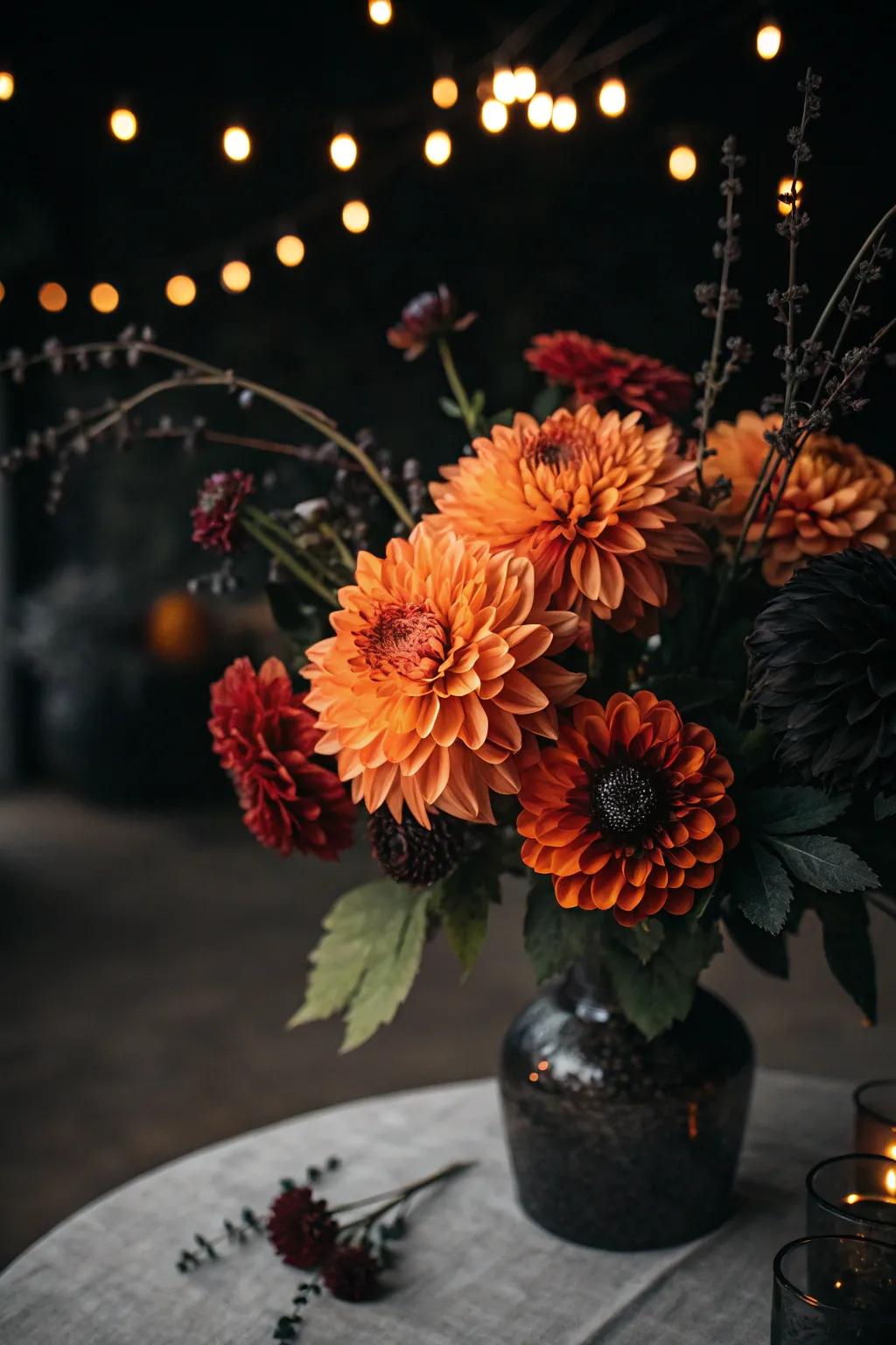 Tangerine and sable dahlias make an audacious assertion in flower designs.