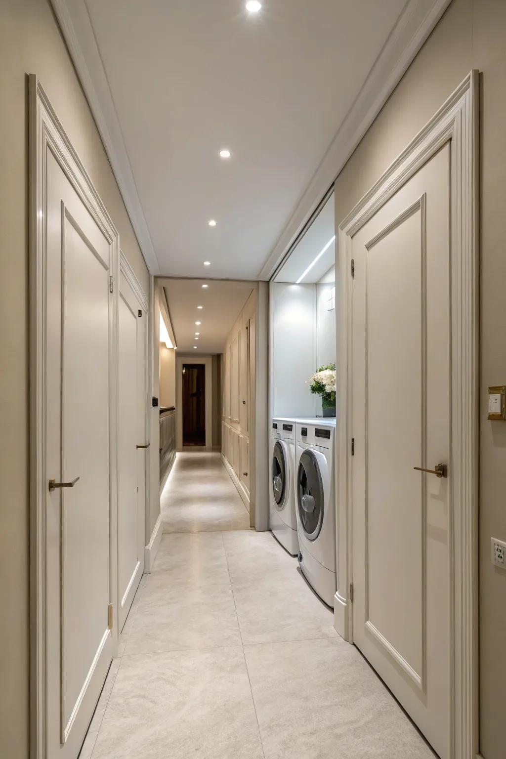 Hidden doors create a flawless and uncluttered hallway by hiding the laundry space.