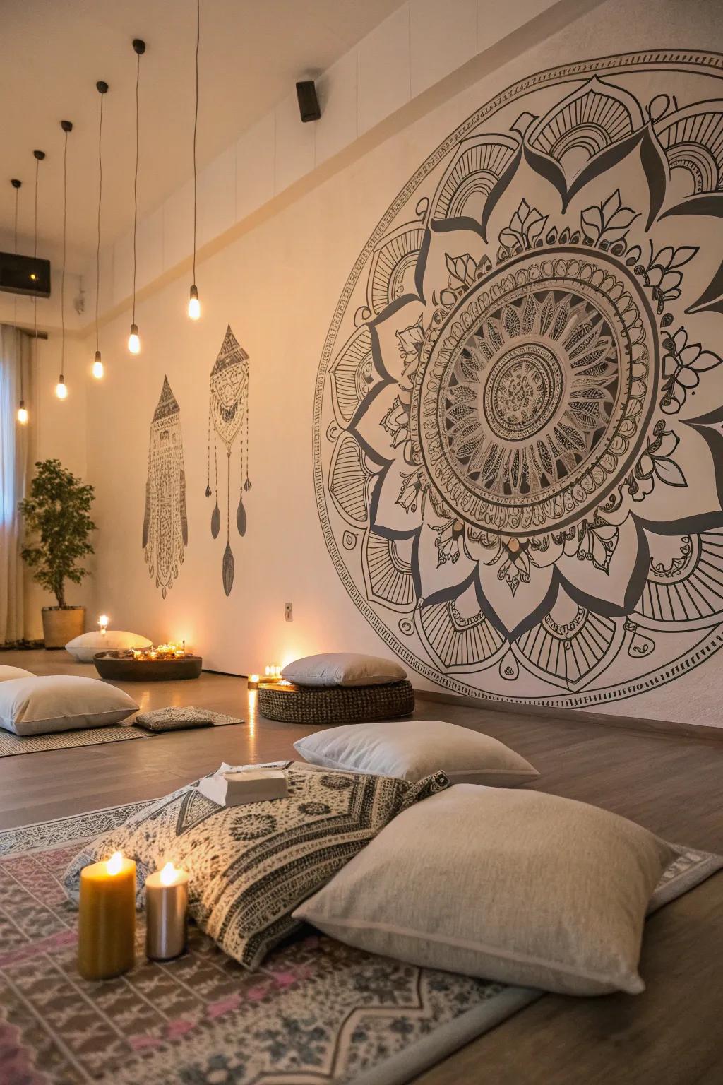 Mandala patterns bestow equilibrium upon this meditation area.